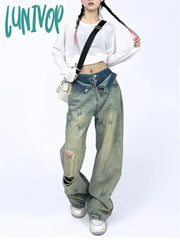 Lunivop Women’s Design Fake Two-Piece Double Waist Distressed Jeans Summer Fashion Chic Pants