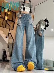 Lunivop Women’s Design Raw Edge Perforated Blue Jeans Spring Autumn New Street Style Chic Young