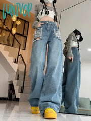 Lunivop Women’s Design Raw Edge Perforated Blue Jeans Spring Autumn New Street Style Chic Young