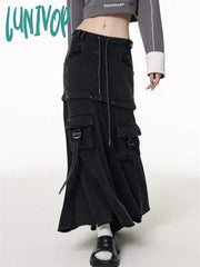 Lunivop Women‘s Detachable Design Loose Cargo Denim Skirt Multiple Pockets Elastic Waist