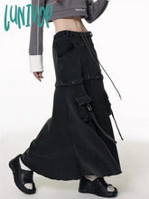 Lunivop Women‘s Detachable Design Loose Cargo Denim Skirt Multiple Pockets Elastic Waist