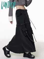 Lunivop Women‘s Detachable Design Loose Cargo Denim Skirt Multiple Pockets Elastic Waist