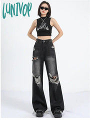 Lunivop Women’s Distressed Design Hole Loose Black Jeans New Street Unisex Style Wide Leg