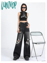 Lunivop Women’s Distressed Design Hole Loose Black Jeans New Street Unisex Style Wide Leg
