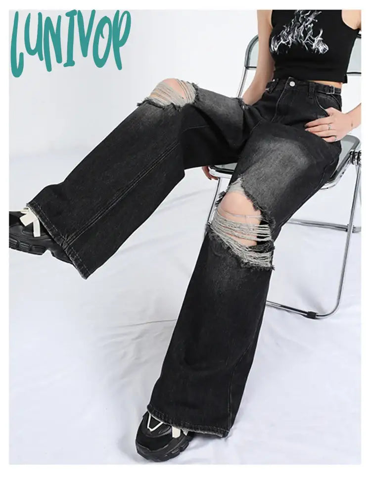 Lunivop Women’s Distressed Design Hole Loose Black Jeans New Street Unisex Style Wide Leg