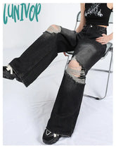 Lunivop Women’s Distressed Design Hole Loose Black Jeans New Street Unisex Style Wide Leg