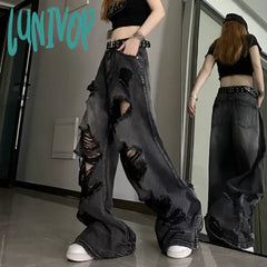 Lunivop Women’s Distressed Design Wide Leg Hole Jeans Summer New Street Unisex Style Trousers