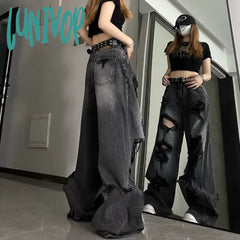 Lunivop Women’s Distressed Design Wide Leg Hole Jeans Summer New Street Unisex Style Trousers