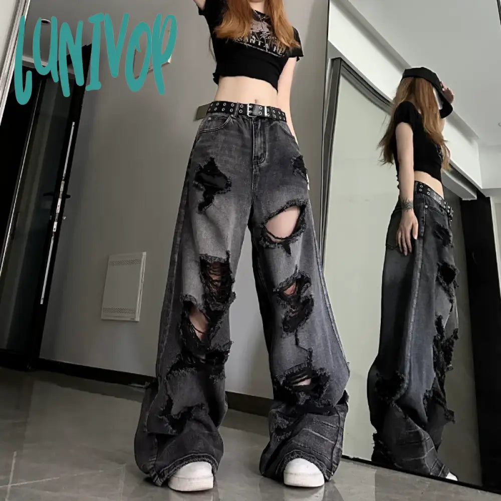Lunivop Women’s Distressed Design Wide Leg Hole Jeans Summer New Street Unisex Style Trousers