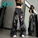 Lunivop Women’s Distressed Design Wide Leg Hole Jeans Summer New Street Unisex Style Trousers