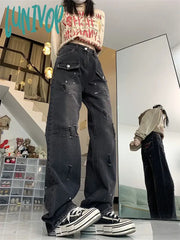 Lunivop Women’s Distressed Splash-Ink High Waist Black Jeans American Fashion Vintage Streetwear