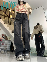 Lunivop Women’s Distressed Splash-Ink High Waist Black Jeans American Fashion Vintage Streetwear