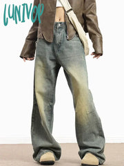 Lunivop Women’s Do Old Design Unisex Yellow Mud Blue Jeans American Vintage Casual Denim Trousers