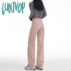 Lunivop Women’s Double Button Design Wide Leg Vintage Pink Jeans Street Style Casual Pants Female