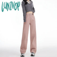 Lunivop Women’s Double Button Design Wide Leg Vintage Pink Jeans Street Style Casual Pants Female