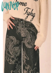 Lunivop Women’s Dragon Print Design Chinese Style Pant American Vintage Neutral Chic Jeans Female
