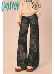 Lunivop Women’s Dragon Print Design Chinese Style Pant American Vintage Neutral Chic Jeans Female