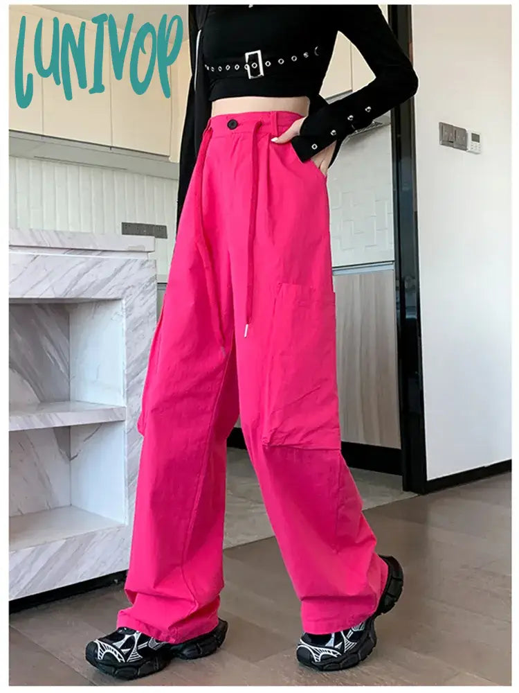 Lunivop Women’s Drawstring Tie Waist Cargo Sweatpants Spring Autumn Large Pocket Sports Pants