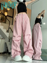 Lunivop Women’s Drawstring Tied Solid Color Casual Pink Pants New Summer Chic Female High Waisted