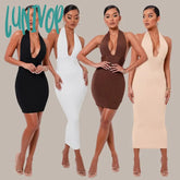 Lunivop Women’s Dress Solid Color Ribbed Knit Striped Halter Mid-Length Stitching Tight Sexy