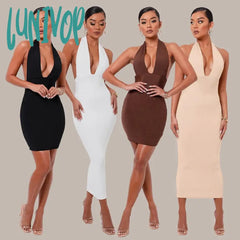 Lunivop Women’s Dress Solid Color Ribbed Knit Striped Halter Mid-Length Stitching Tight Sexy
