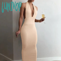 Lunivop Women’s Dress Solid Color Ribbed Knit Striped Halter Mid-Length Stitching Tight Sexy