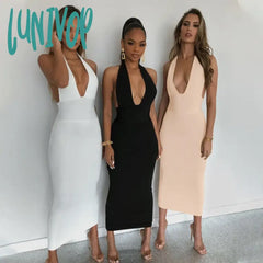 Lunivop Women’s Dress Solid Color Ribbed Knit Striped Halter Mid-Length Stitching Tight Sexy