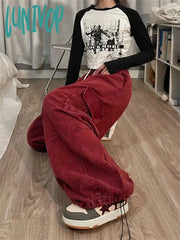 Lunivop Women’s Elastic Waist Drawstring Design Casual Jeans Fashion Wide Leg Vintage Cowboy