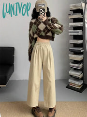 Lunivop Women’s Elastic Waist Solid Color Straight Ankle-Length Pants Spring Autumn New Chic
