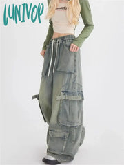 Lunivop Women’s Elastic Waist Wide Leg Multi Pocket Blue Jeans Vintage Unisex Style Casual Pants