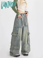 Lunivop Women’s Elastic Waist Wide Leg Multi Pocket Blue Jeans Vintage Unisex Style Casual Pants