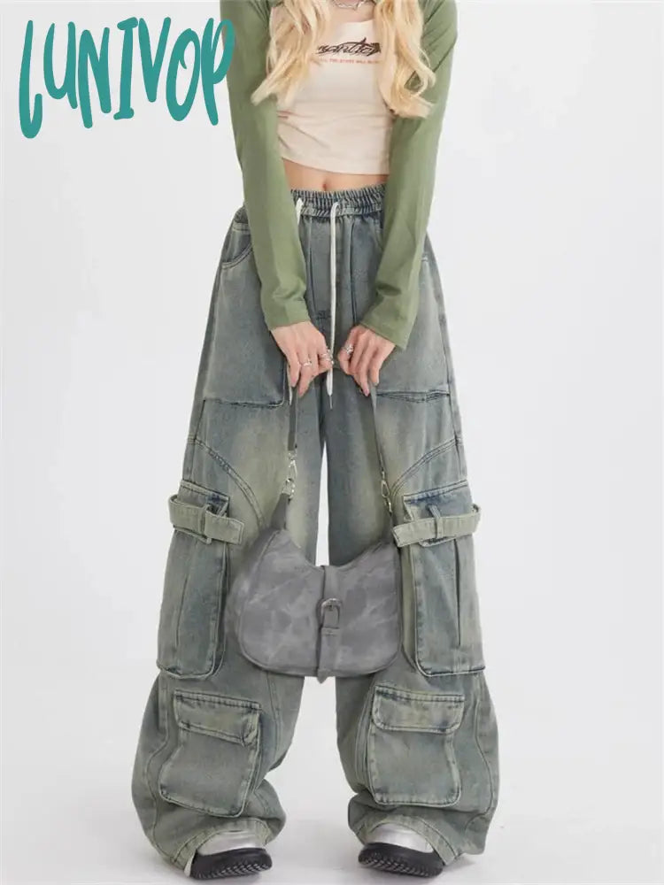 Lunivop Women’s Elastic Waist Wide Leg Multi Pocket Blue Jeans Vintage Unisex Style Casual Pants