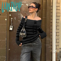womens fashion American-Style Retro Black and Gray Striped Stitching off-Shoulder Sweater Street Style Slim-Fit Flanging Lace-up New Woolen Top