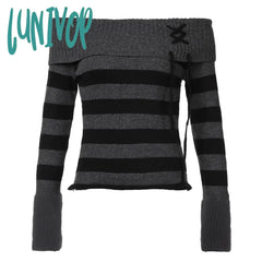 womens fashion American-Style Retro Black and Gray Striped Stitching off-Shoulder Sweater Street Style Slim-Fit Flanging Lace-up New Woolen Top