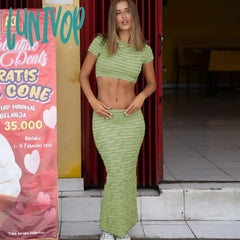 Lunivop Women’s Fashion Skirt Suit Slim Fold Short Sleeves Top Elastic Waist Ruched Long Summer