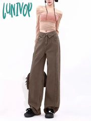 Lunivop Women’s Flanging Design High Waist Brown Wide Leg Pants Spring Autumn American Fashion