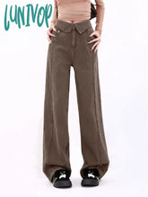 Lunivop Women’s Flanging Design High Waist Brown Wide Leg Pants Spring Autumn American Fashion