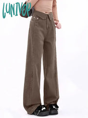 Lunivop Women’s Flanging Design High Waist Brown Wide Leg Pants Spring Autumn American Fashion