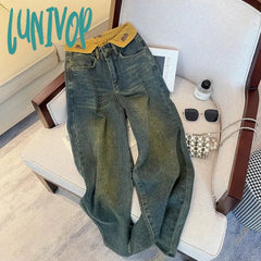 Lunivop Women’s Flanging Design High Waist Wide Leg Jeans Vintage Street American Style Casual