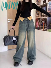 Lunivop Women’s Flanging Design High Waist Wide Leg Jeans Vintage Street American Style Casual