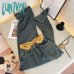 Lunivop Women’s Flanging Design High Waist Wide Leg Jeans Vintage Street American Style Casual