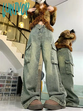 Lunivop Women’s Flanging Large Pocket Design Denim Trousers American Vintage Street Style Jeans