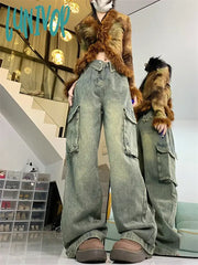 Lunivop Women’s Flanging Large Pocket Design Denim Trousers American Vintage Street Style Jeans