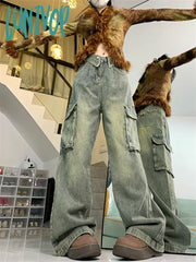 Lunivop Women’s Flanging Large Pocket Design Denim Trousers American Vintage Street Style Jeans