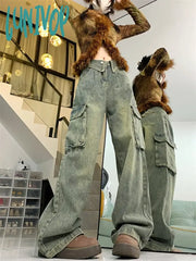 Lunivop Women’s Flanging Large Pocket Design Denim Trousers American Vintage Street Style Jeans