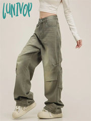 Lunivop Women’s Fold Design Neutral Style Green Jeans American Vintage Casual Denim Trousers