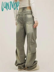 Lunivop Women’s Fold Design Neutral Style Green Jeans American Vintage Casual Denim Trousers