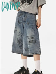 Lunivop Women’s Fun Graffiti Patterns Wide Leg Blue Denim Shorts Unisex Style Capris Summer