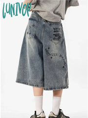 Lunivop Women’s Fun Graffiti Patterns Wide Leg Blue Denim Shorts Unisex Style Capris Summer
