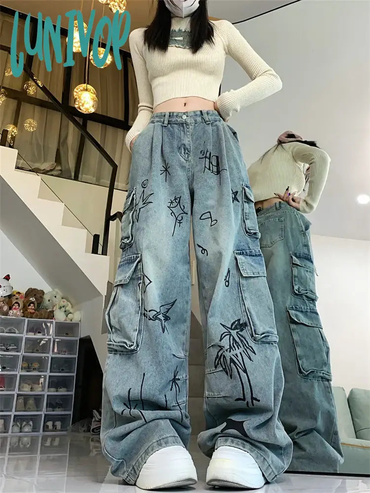 Lunivop Women’s Graffiti Print Pattern Design Unisex Jeans Vintage Street Y2K Casual Denim